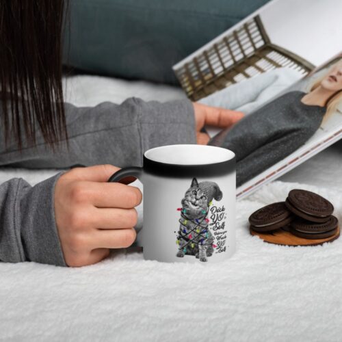 Christmas Lights Kitten Illustration Black Magic Mug - Image 2