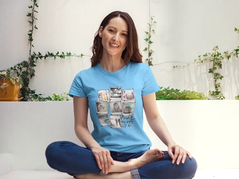 fanteeshirt-store-happy-cusomers-woman-relaxing-wearing-a-round-neck-tee